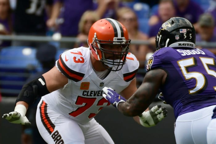 Browns left tackle Joe Thomas (73) blocks Ravens outside linebacker Terrell Suggs (55) during a 2017 game in Baltimore.